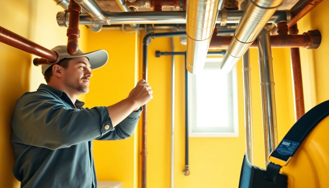 Showcasing whole house repiping services Tampa with a plumber inspecting pipes in a residential setting.