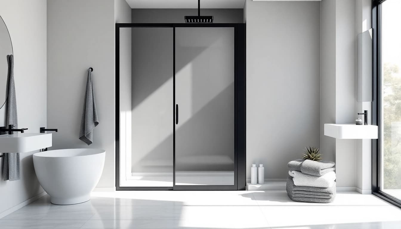 Stylish black shower door enhancing a modern bathroom with sleek design elements.