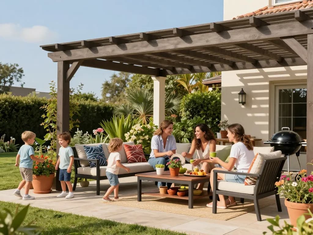 Family enjoying time together under a pergola configurator designed patio, vibrant garden and outdoor furniture creating a welcoming atmosphere.