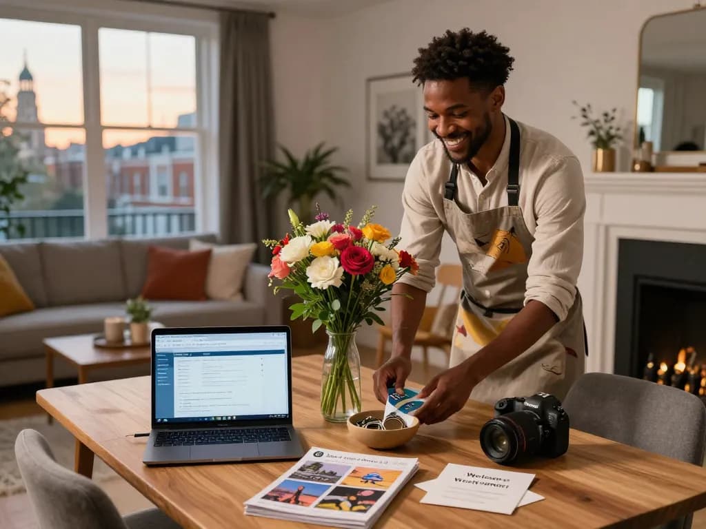 Airbnb management London scene with a welcoming host preparing a cozy apartment for guests.