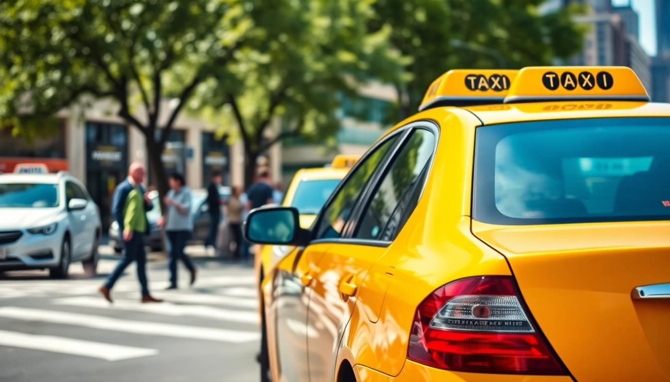Taxi cab navigating a bustling city street, reflecting professionalism and vibrant city life.