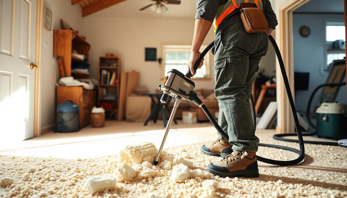 Contractor engaged in spray foam removal, showcasing removal techniques and tools.