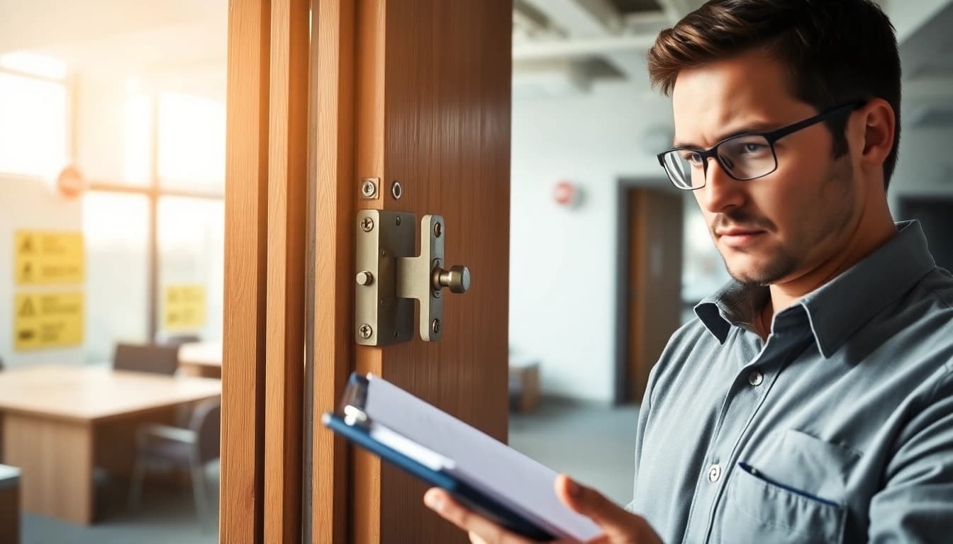 Fire door inspection examining a commercial door's hinges and seals in a professional setting.