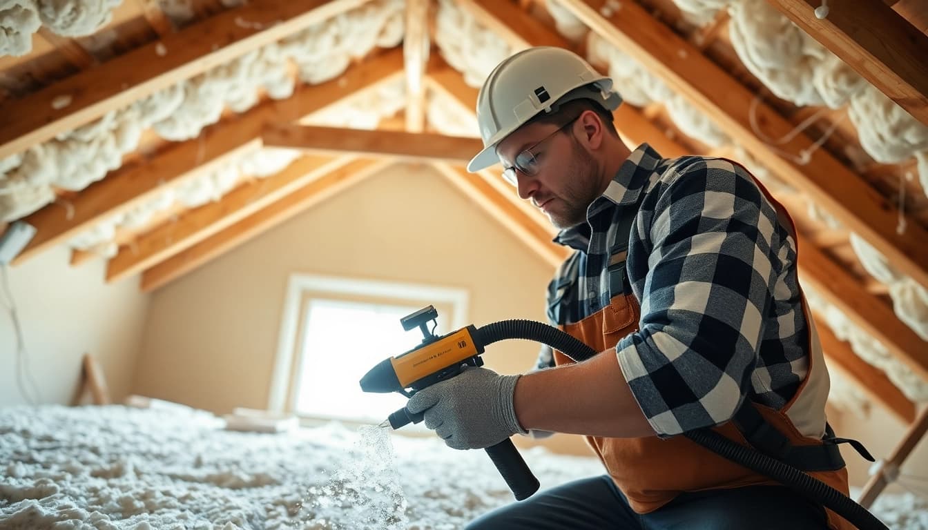 Expert demonstrating spray foam removal UK techniques in a clean attic environment.