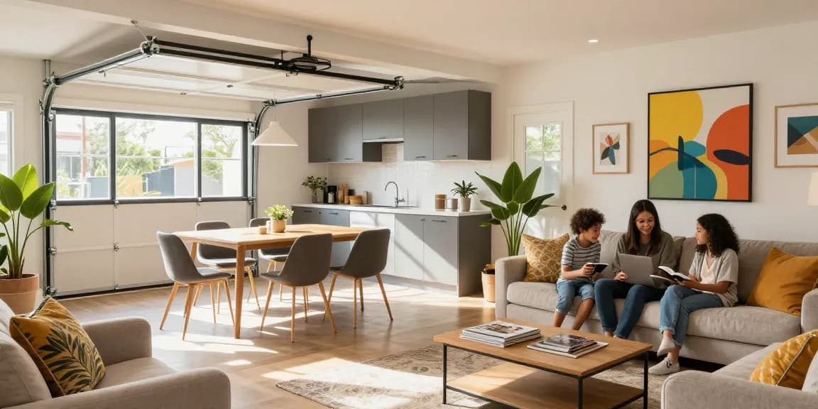 Garage conversions create beautiful modern living spaces, showcasing a stylish kitchen and cozy family area with abundant natural light.