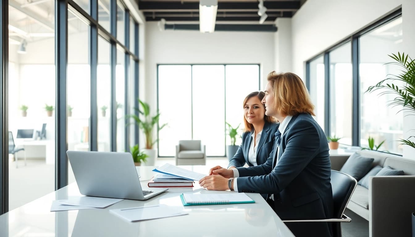 Lawyer in Australia providing legal consultation to clients in a modern office.