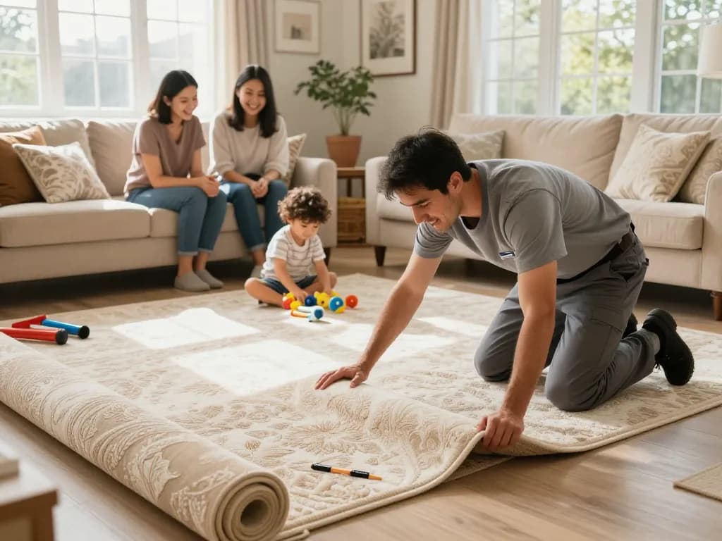 Home carpet fitting services in action with professional installer and happy family.
