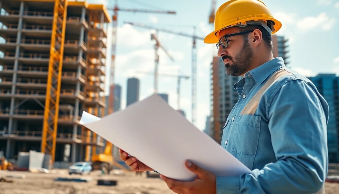 New Jersey General Contractor analyzing construction plans on site amidst active building projects.