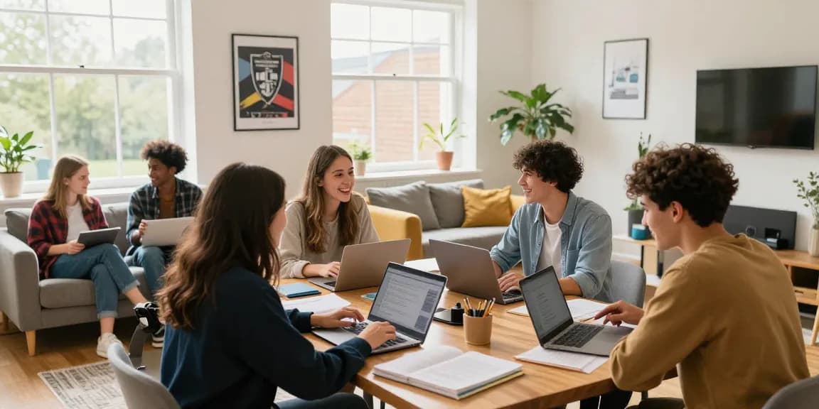 Northampton Student Accommodation showing diverse students in a cozy living room with bright decor and engaging discussions.
