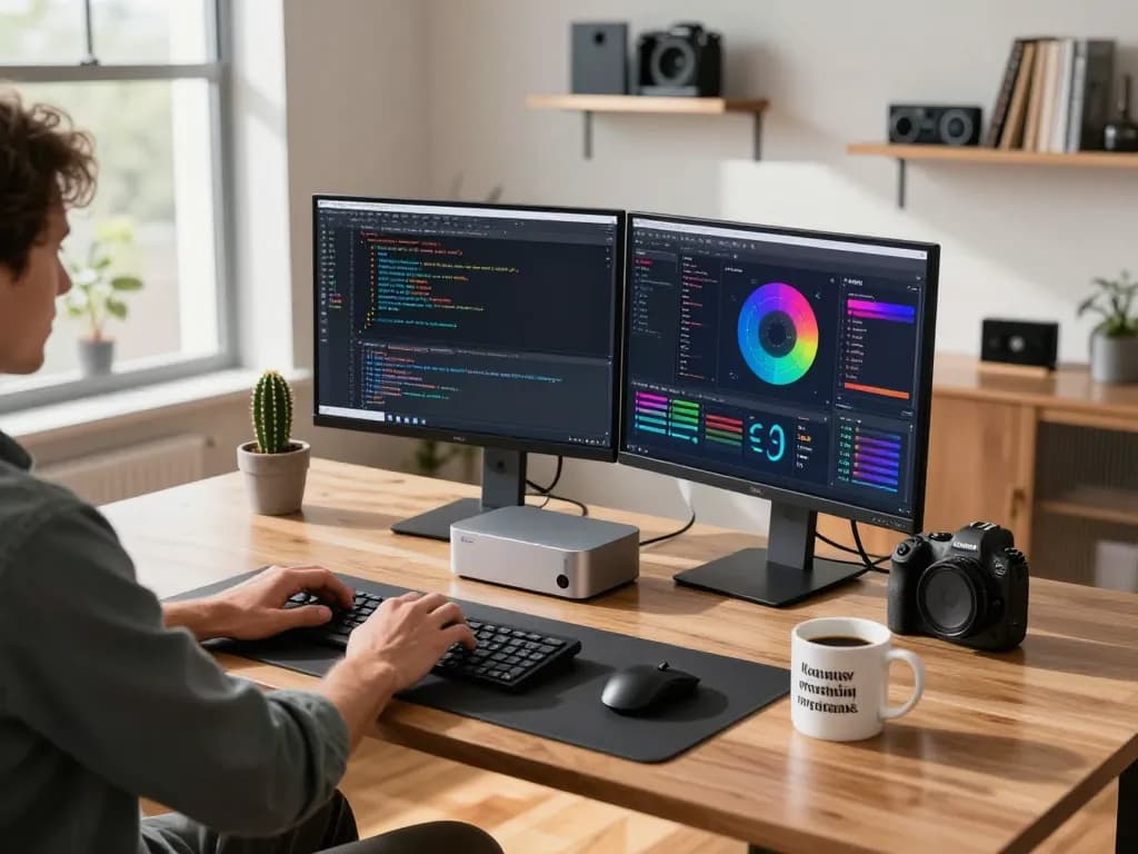Developer utilizing a mac mini in a modern home office, showcasing productivity and coding.