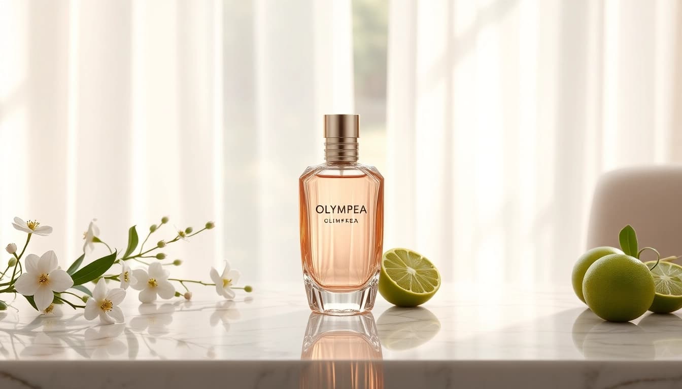 Capture the elegance of Olympea perfume in this luxurious setting with floral accents.
