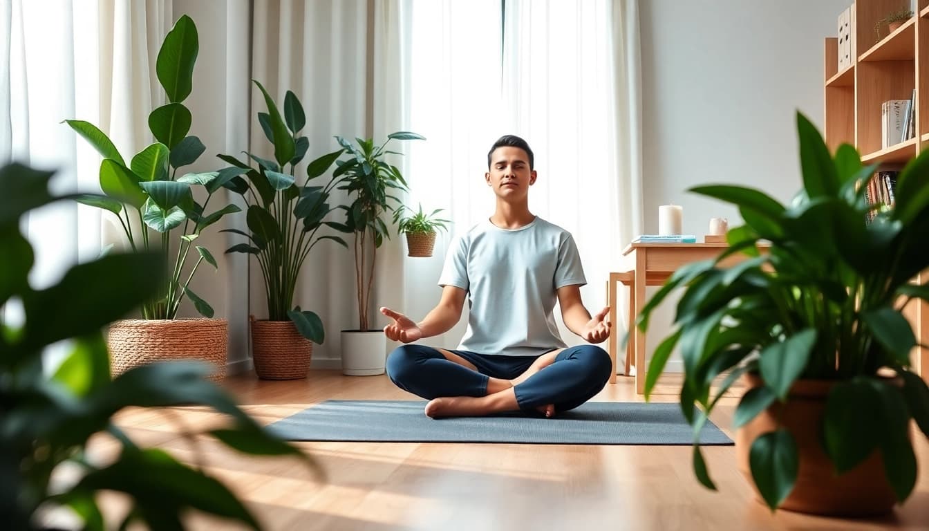 Embrace mental wellness: a tranquil home office scene with meditation and greenery.