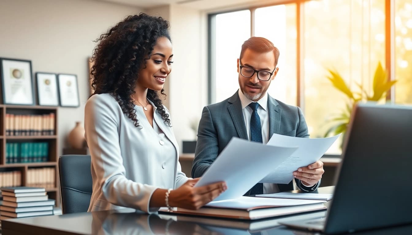 Experienced immigration lawyer in the US advising clients in a modern law office.