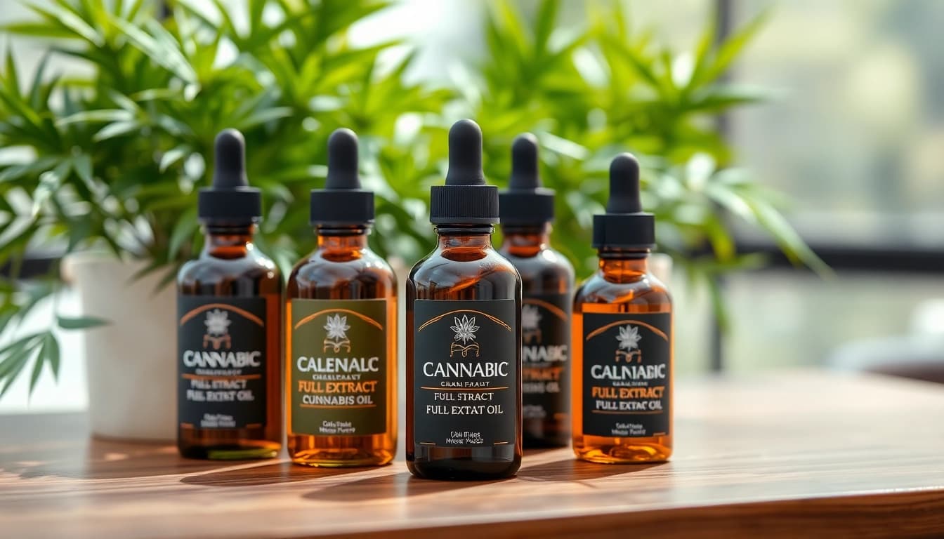 Showcasing full extract cannabis oil for sale UK bottles with rich colors and serene setting.