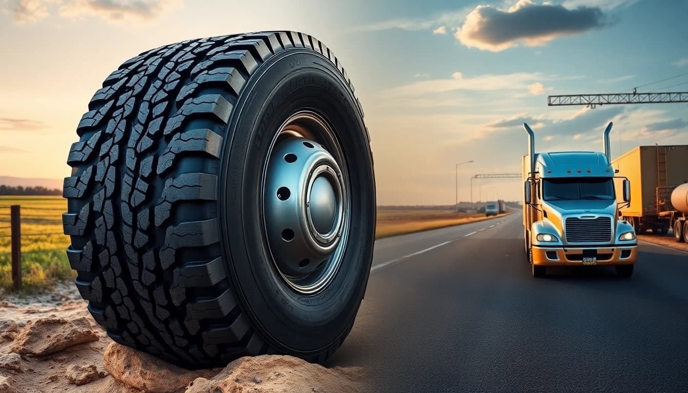 Close-up view of Double Coin RR99 tire showcasing its durability and tread design for mixed service use.