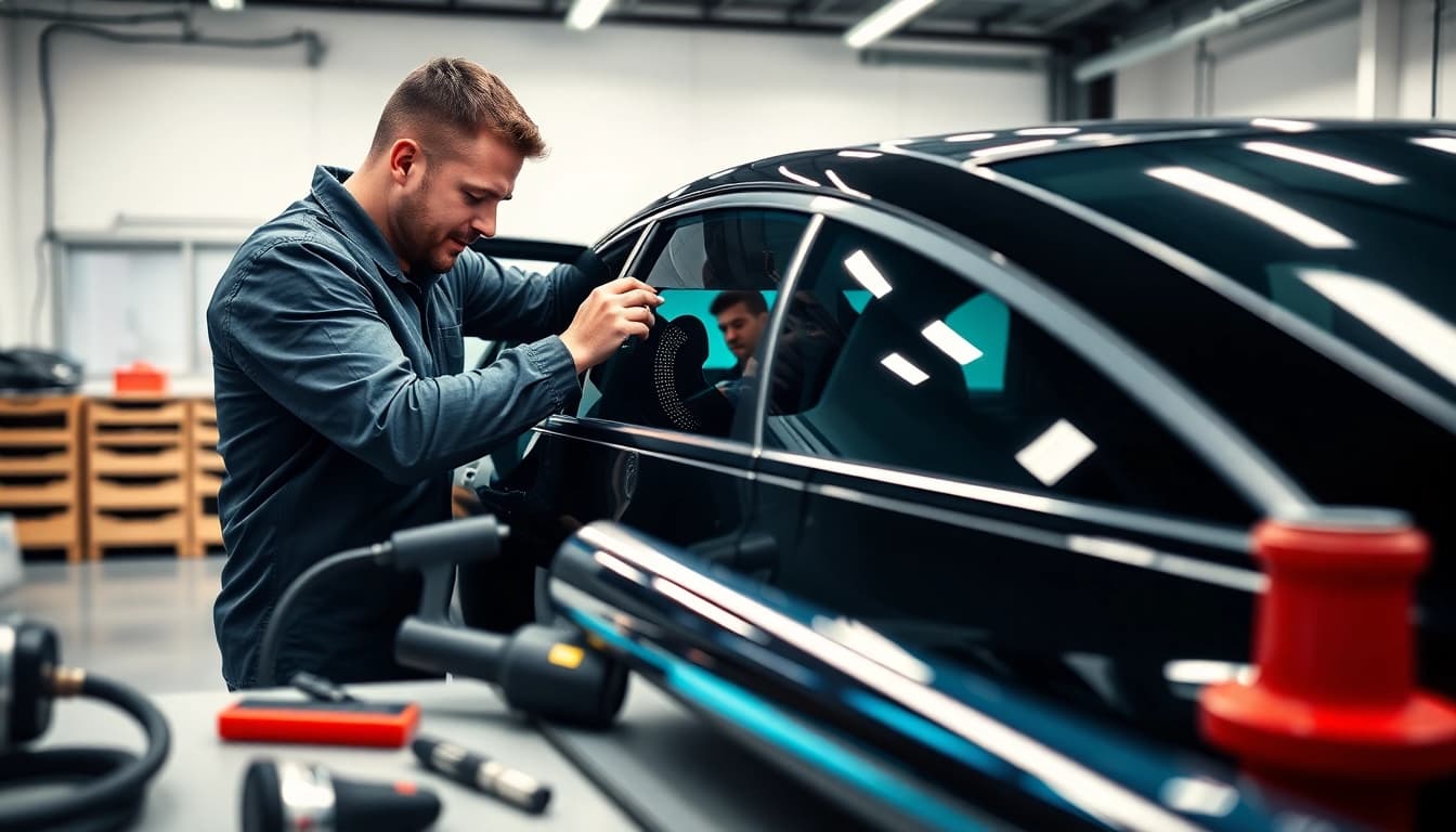 Teknician applying auto window tint near me in a well-lit workshop, showcasing expertise.