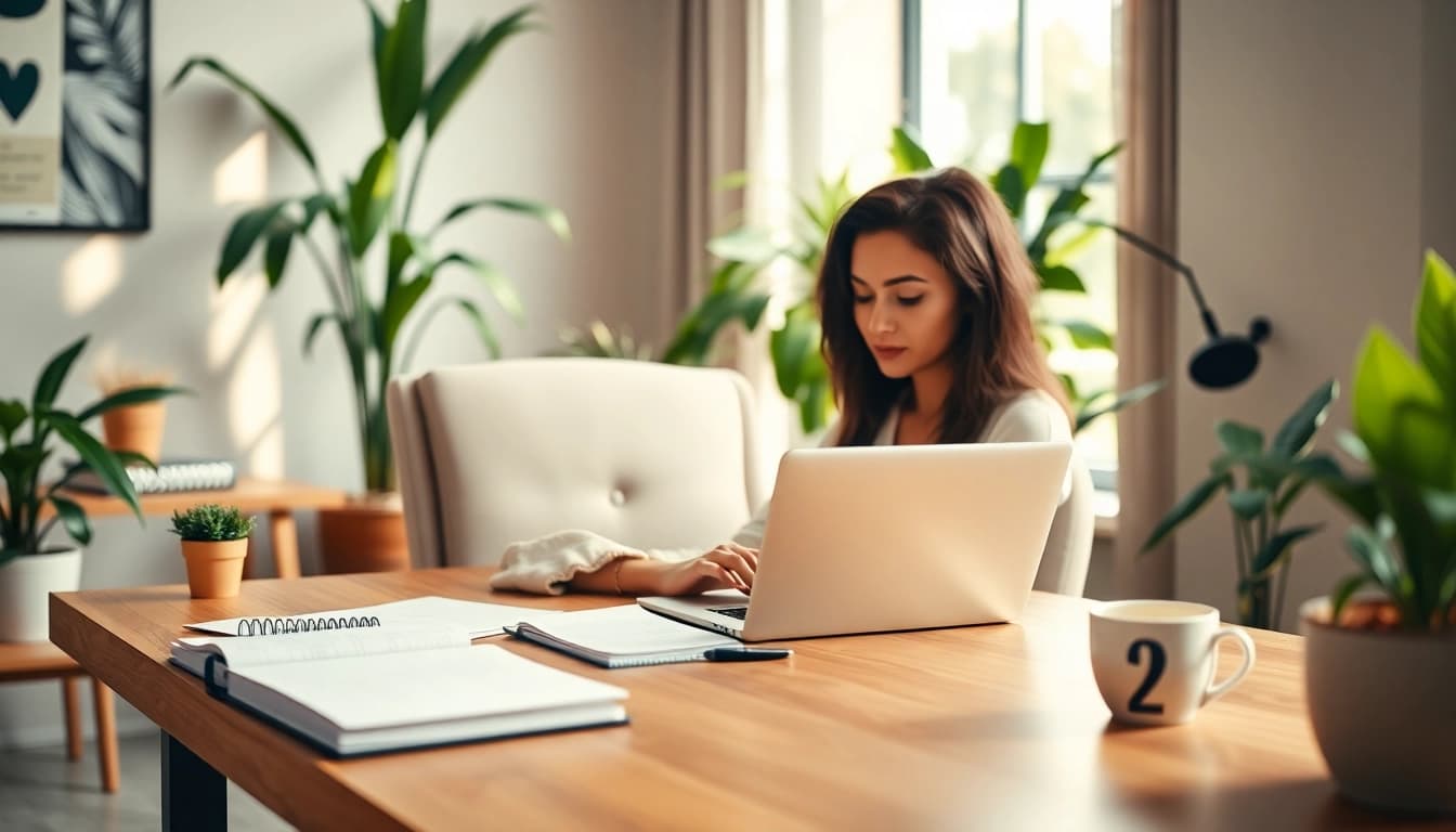Self employed freelancer working at a modern desk with planner and coffee.