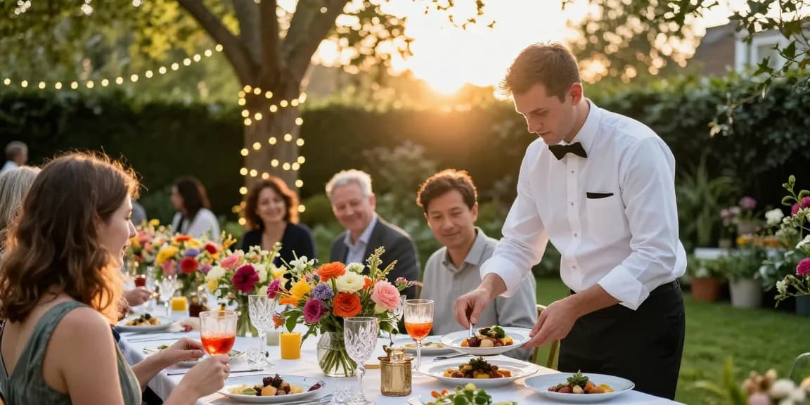 Catering Hire London - elegant outdoor event setup with gourmet dishes and guests enjoying a vibrant garden atmosphere.