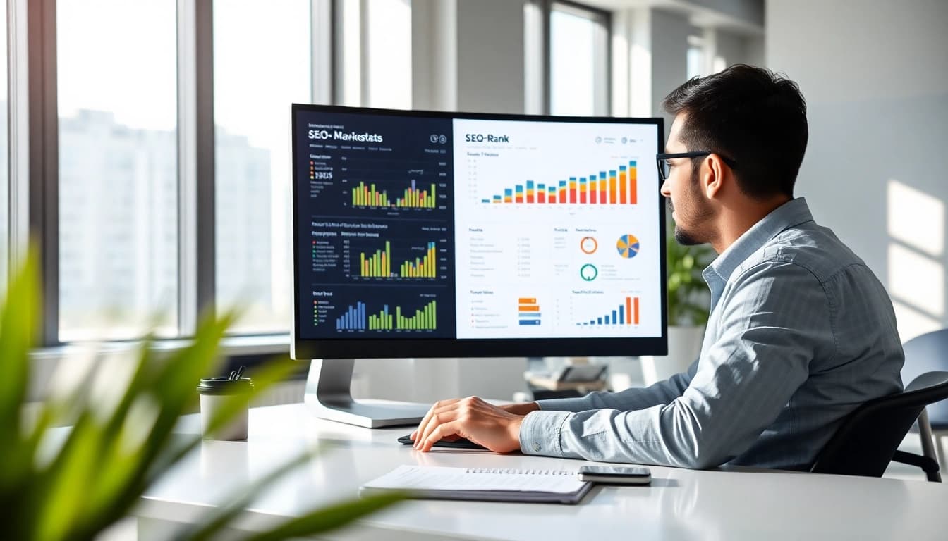 Analyze SEO Rank metrics with a digital marketer in a bright office.
