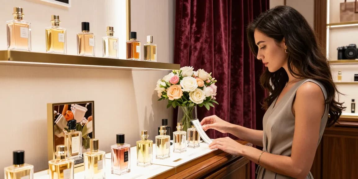Maison Crivelli perfume display in a luxurious setting with floral elements, reflecting an elegant shopping experience.