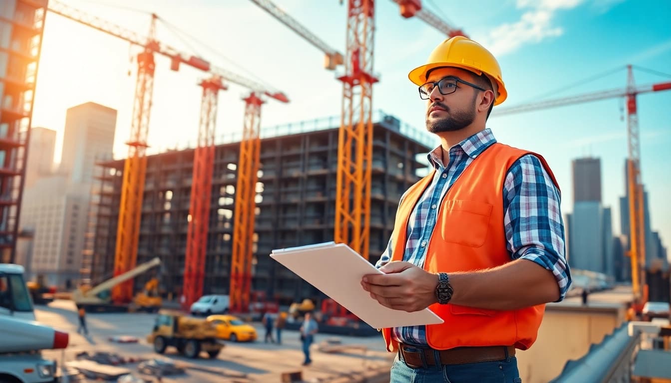 Manhattan Construction Manager guiding a team on a busy construction site.