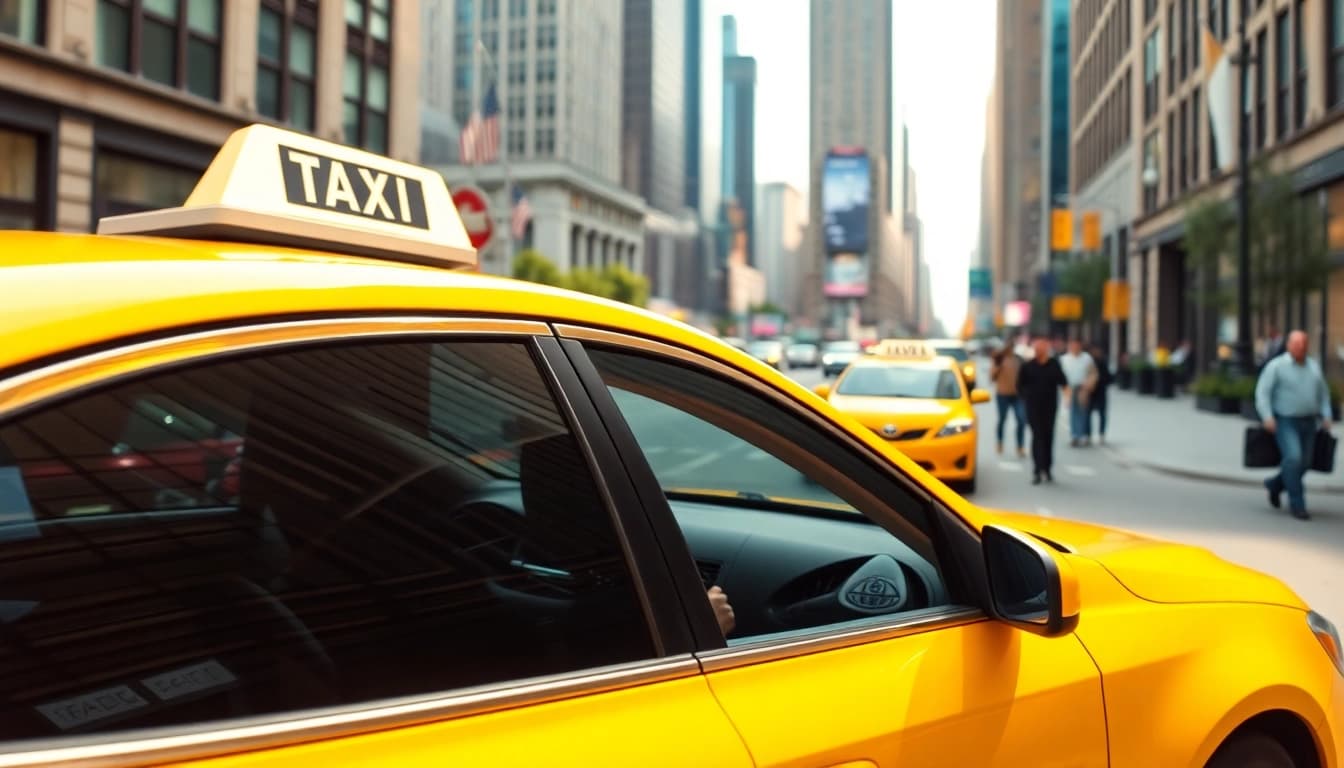 Taxi service in a busy city street showcasing a bright yellow cab with urban scenery.