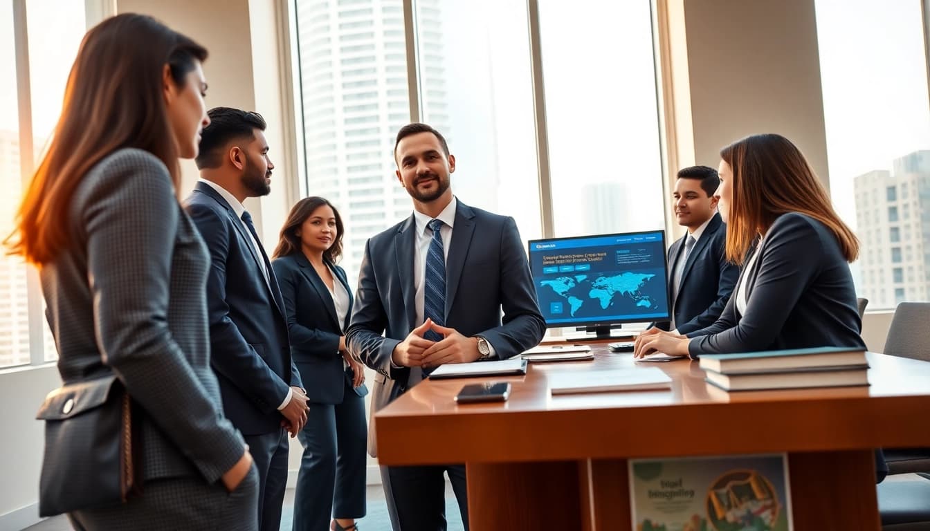 Immigration lawyer in the US consulting clients in a modern Miami office, symbolizing trust and expertise.