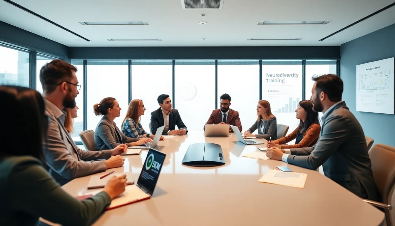 Enhanced team collaboration through neurodiversity training for managers in a modern conference room.