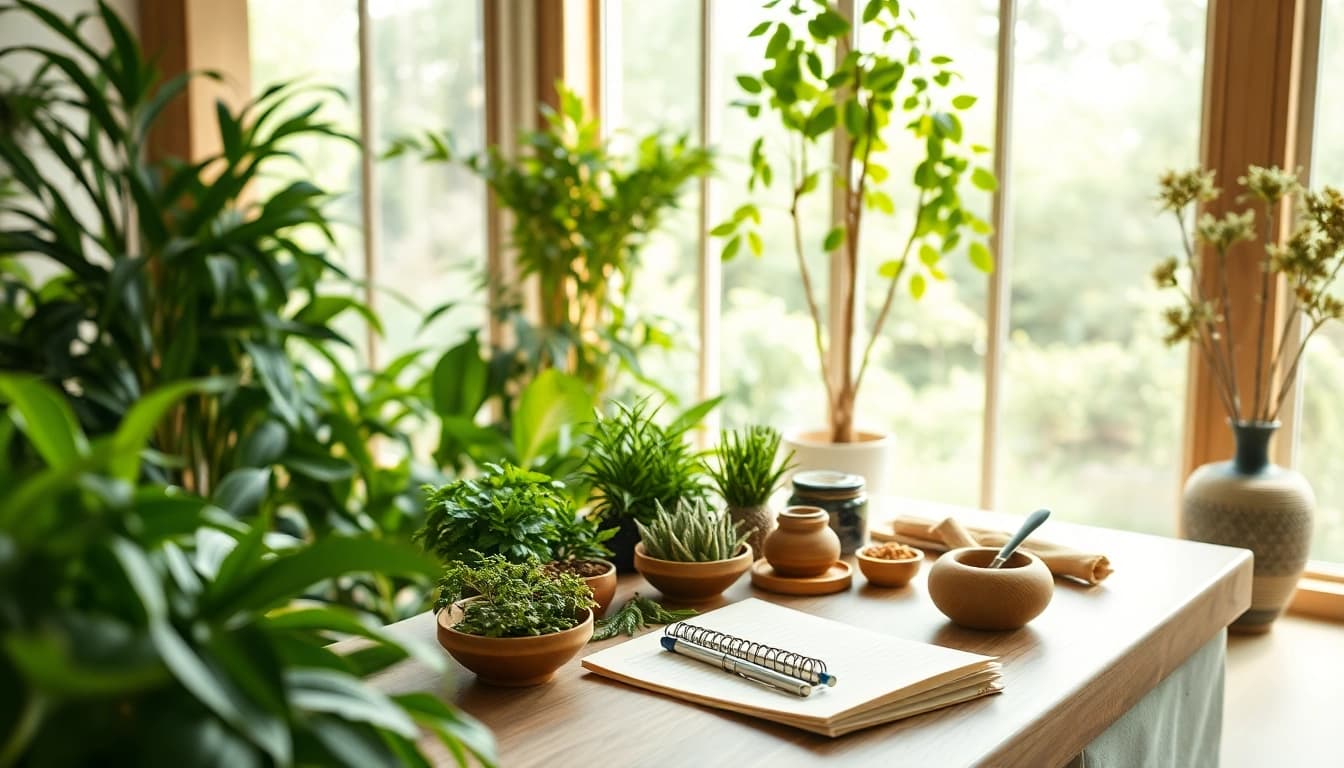 Engaging Ayurveda Consultation in a serene wellness setting with herbal preparations and natural lighting.