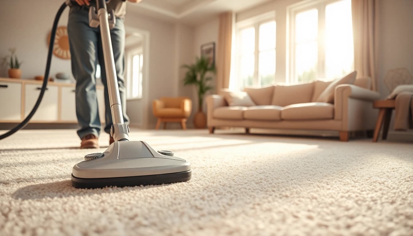 Expert tackling carpet cleaning in Glasgow with a professional machine in a bright living room.