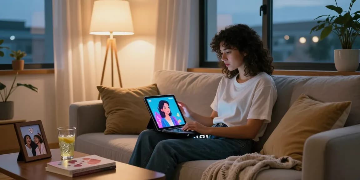 Engaging conversation with an AI girlfriend in a cozy living room.