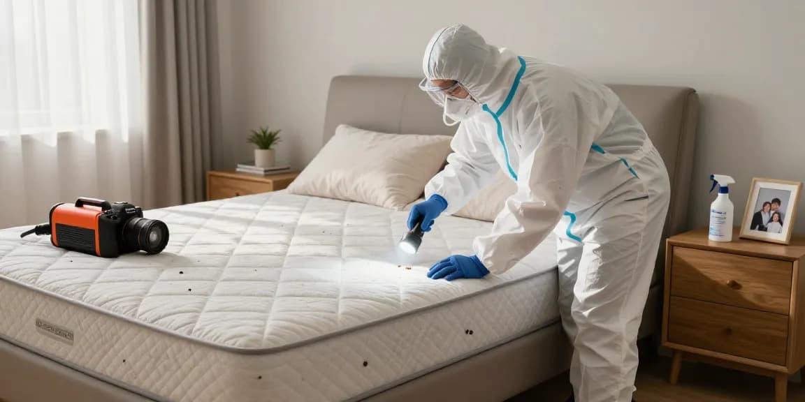 Professional bed bug exterminator inspecting mattress seams in a bright bedroom.