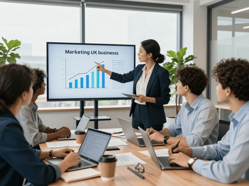 Collaboration among professionals to promote UK businesses in a modern office setting.