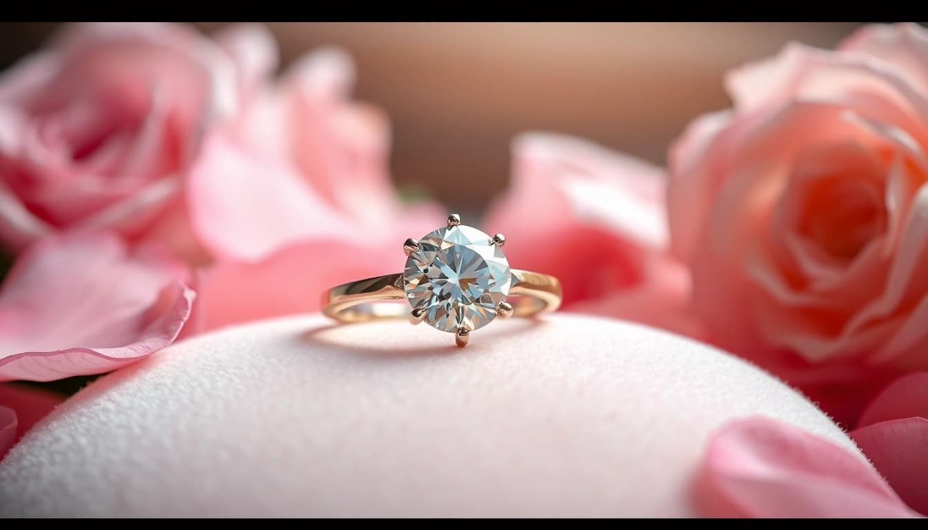 Showcase diamond engagement rings for Valentine’s Day on a velvet surface with rose petals.