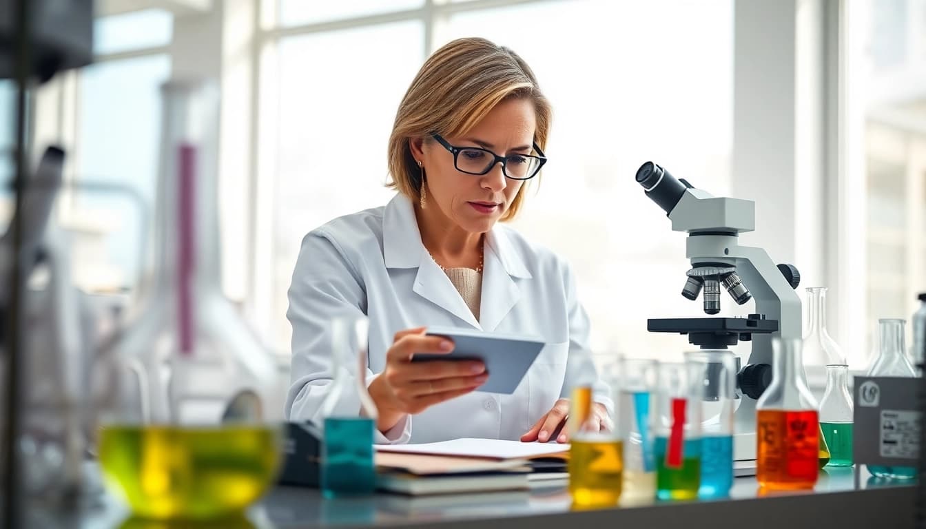Analyzing Peptides UK solutions in a bright laboratory setting with a female researcher.