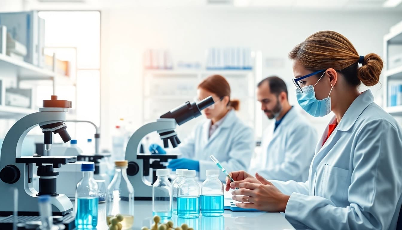 Science experts analyzing Peptides in a modern lab with advanced equipment and a bright atmosphere.