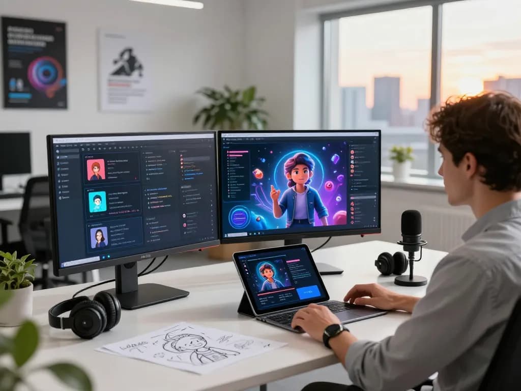 Engaging workspace with spicy ai character interface on multiple monitors and interactive tech tools, showcasing innovation and creativity.