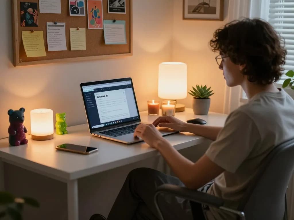 Engaging home office scene showcasing nsfw ai interaction with Crushon AI on a laptop, personalized decor enhancing warm atmosphere.