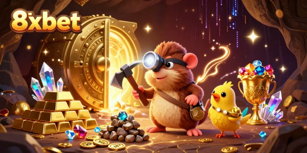 Experience the excitement of 8xbet with a treasure hunter mole discovering gems in a vibrant 3D cave scene.