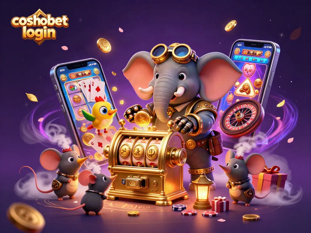 Experience excitement with cosmobet login through a vibrant casino illustration filled with spinning reels and dynamic elements.
