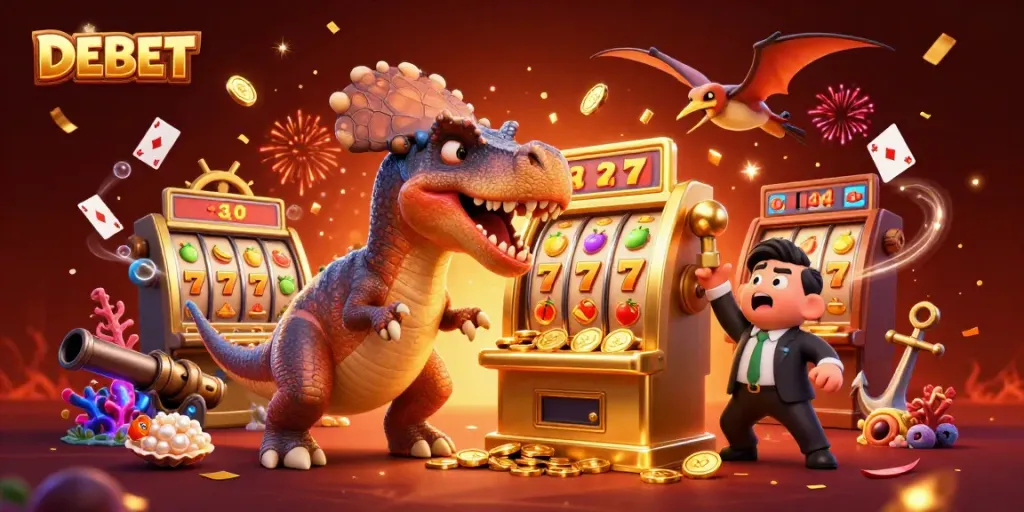 DEBET triggers a jackpot at a vibrant casino scene with exciting characters and dynamic game elements.