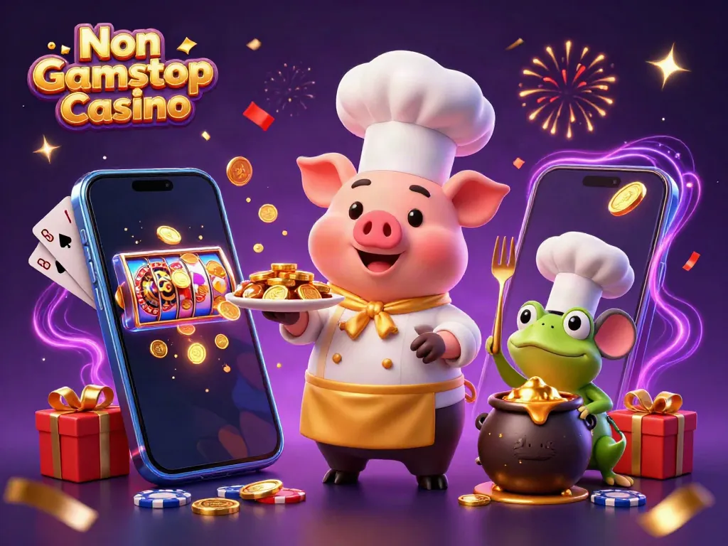 Engage with the vibrant scene of a Non Gamstop Casino featuring a cartoon chef pig and characters amidst gold coins and gaming elements.