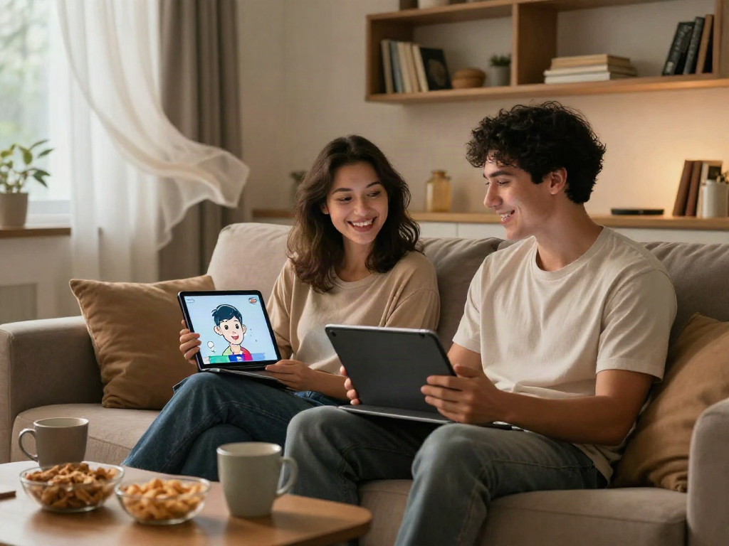 Engaging AI chat porn moment between couple in cozy living room with tablets, creating intimacy.