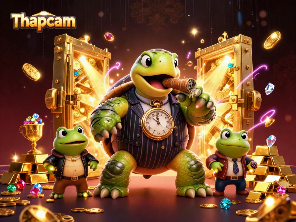Thapcam showcases a vivid casino scene with a snapping turtle mobster, vibrant lights, and treasures.