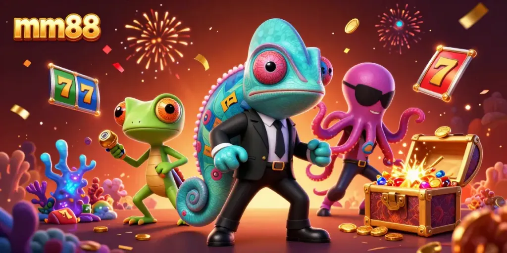 Experience thrilling gameplay at mm88 with a vibrant 3D casino scene showcasing exciting slots and dynamic characters.