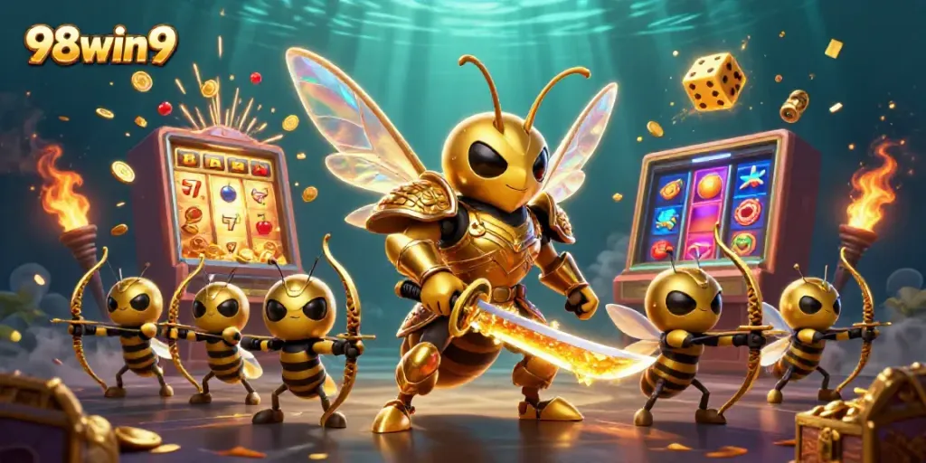 Engage with 98win9's vibrant 3D illustrated casino scene showcasing a golden hornet samurai amidst a jackpot explosion.