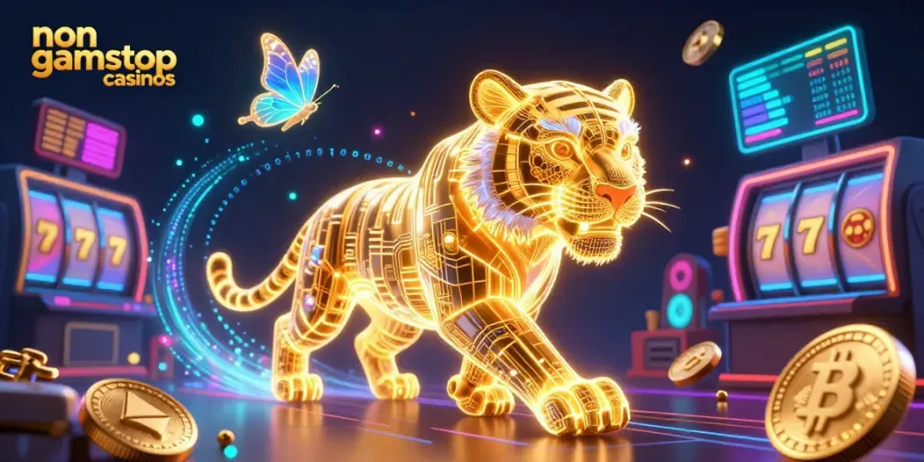 Experience the thrill of non gamstop casinos with a vibrant digital casino scene featuring a golden tiger.