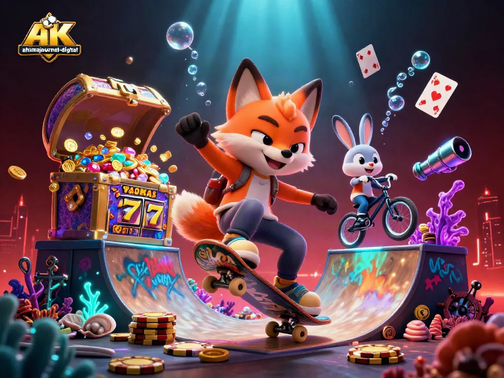 Engage in vibrant casino action featuring ahimajournal-digital, playful fox and rabbit amid gaming elements.