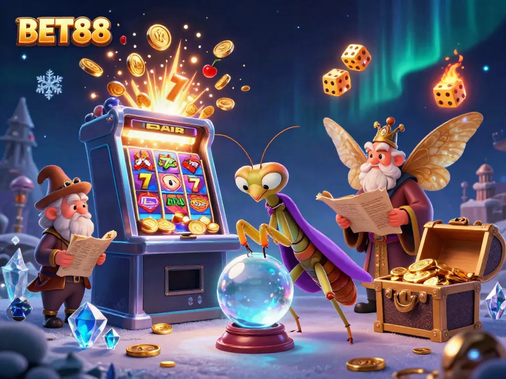 Experience the magic of BET88 with a fortune teller and librarian amidst a jackpot explosion in this vibrant casino-themed scene.