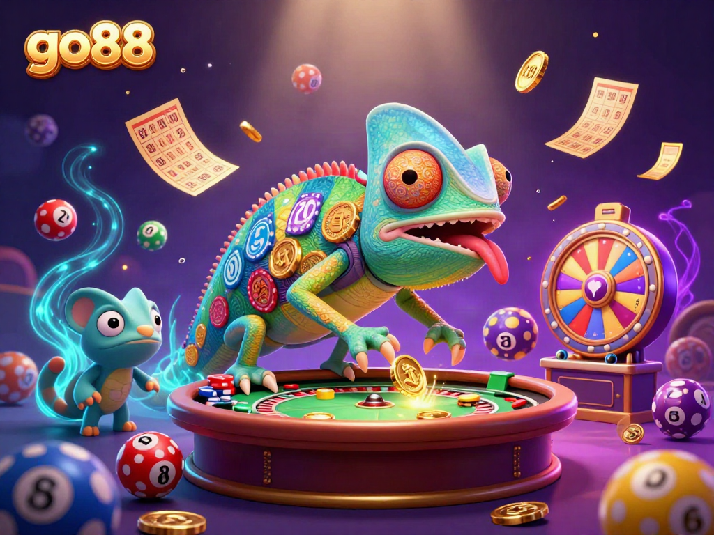 Experience excitement at go88 with a vibrant casino chameleon snapping up coins in a dynamic gambling scene.